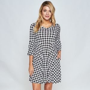 Shawl Collar Double-breasted Houndstooth Flare Dress
